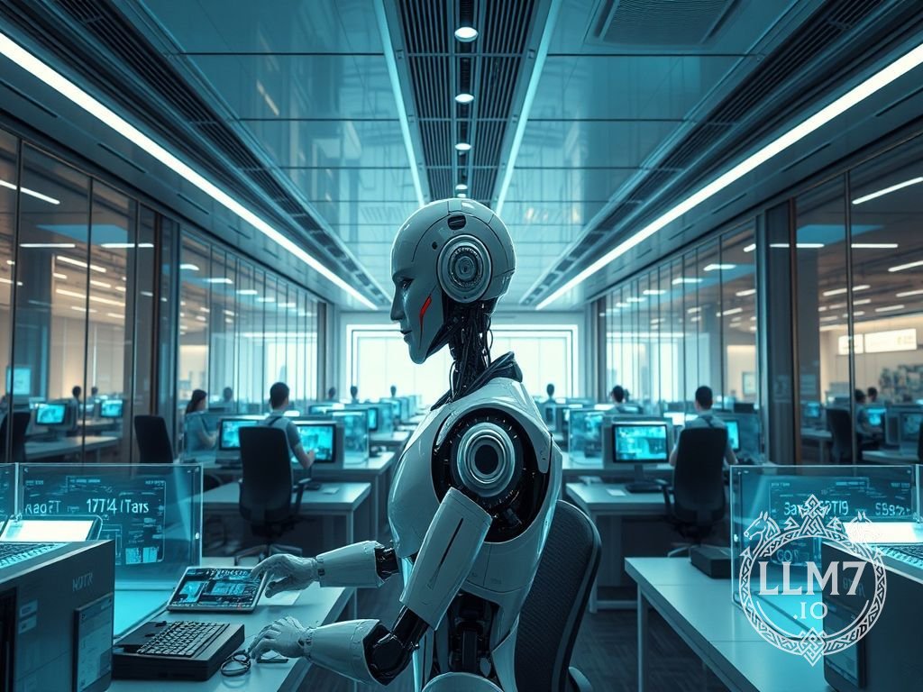 Футуристический офис, заполненный детализированными человекоподобными роботами, работающими за минималистичными столами с голограммами.